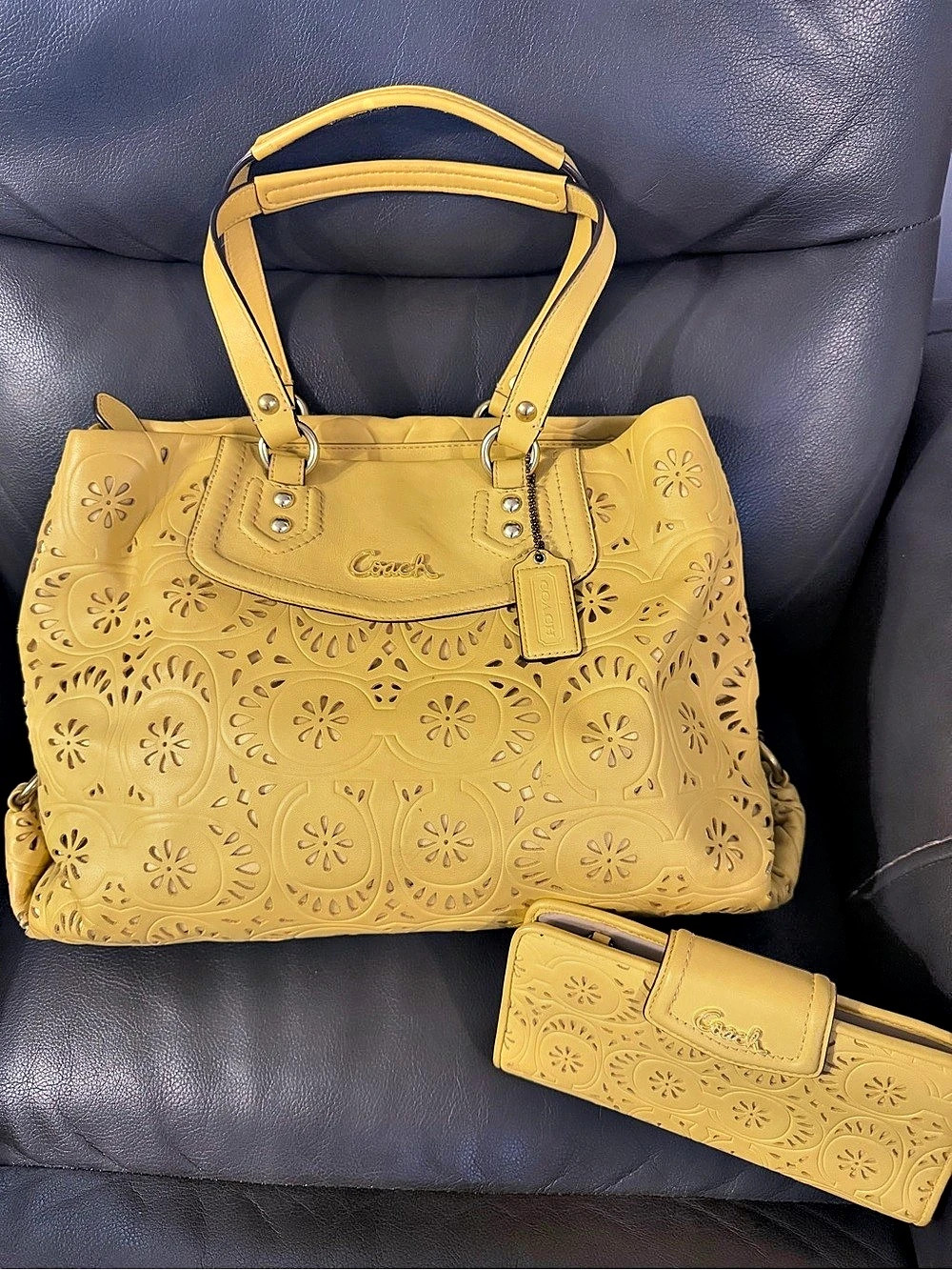 Yellow Coach Ashley Lace Eyelet Leather Carryall Bag W/ Matching Wallet